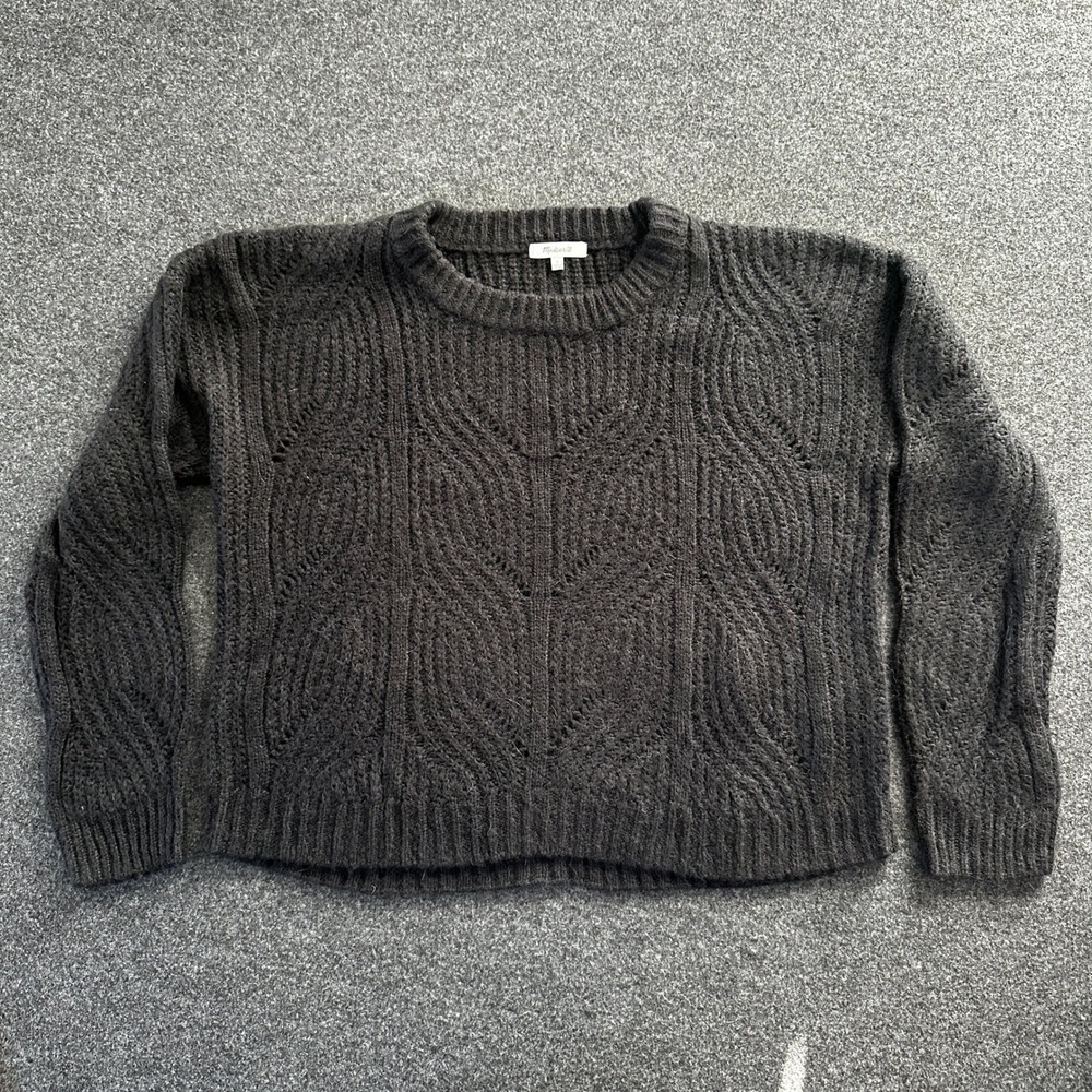 Madewell Alpaca Blend Pointelle Cable Knit Sweater Charcoal Gray Large